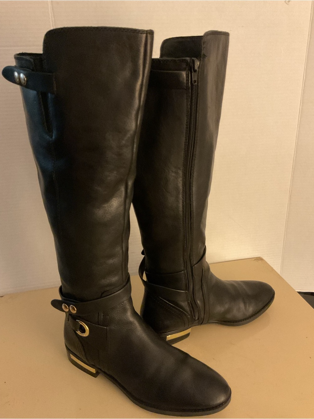Vince Camuto Black Leather tall knee high riding boots with Gold Hardware US 9 - Picture 4 of 11